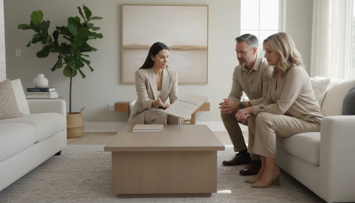 Real estate agent presenting a tailored marketing and pricing plan to homeowners