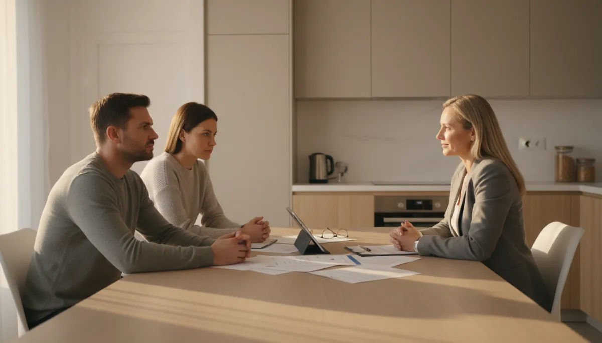 Homeowners discussing concerns with a real estate agent after an expired listing