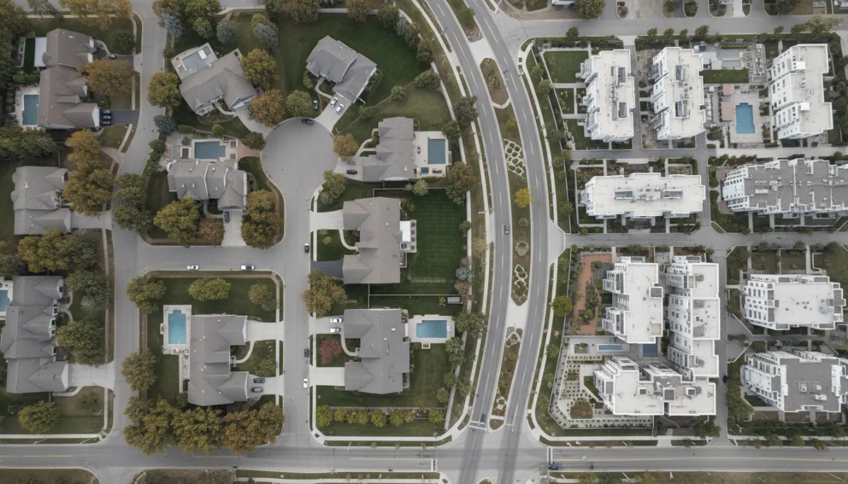 Suburban neighborhood of large homes next to modern condos and townhomes