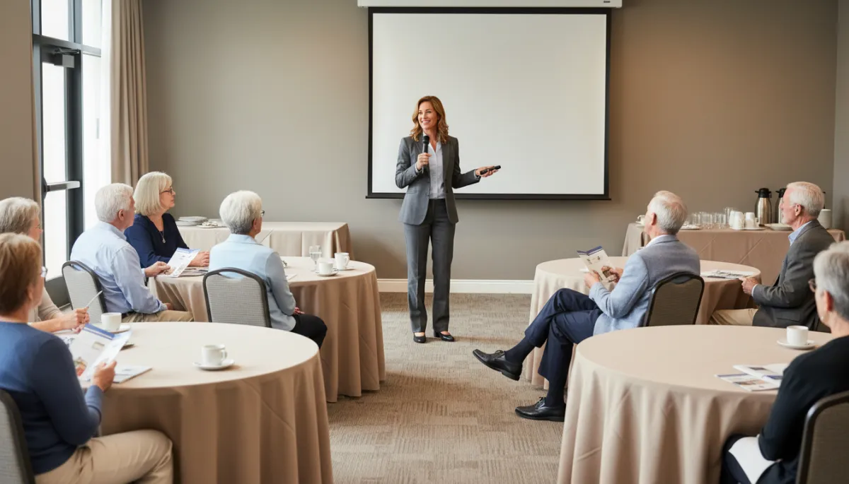 Real estate agent leading a downsizing seminar for older adults in a community center