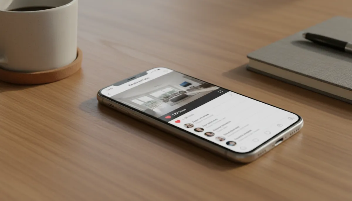 Smartphone on a desk displaying a real estate video post on social media