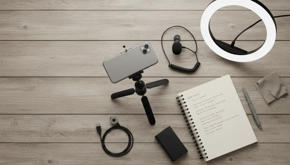 Basic video recording equipment for real estate agents arranged on a desk