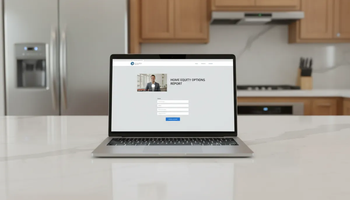 Laptop showing a real estate lead capture landing page with embedded video