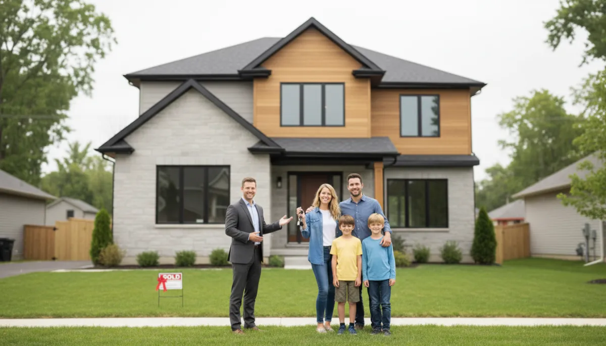 Happy family with their real estate agent in front of their new move-up home