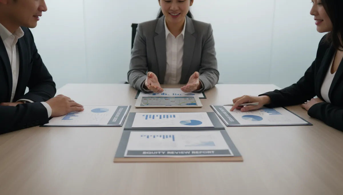 Real estate agent presenting an equity review with printed reports and charts