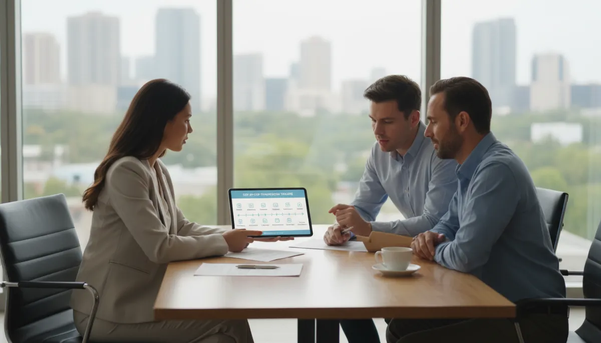 Real estate agent explaining a coordinated sell-then-buy timeline to clients