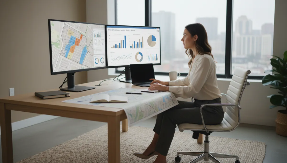 Real estate agent analyzing neighborhood equity data on computer screens