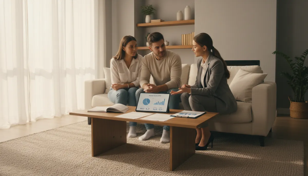 Real estate agent meeting with equity-rich homeowners in a modern living room