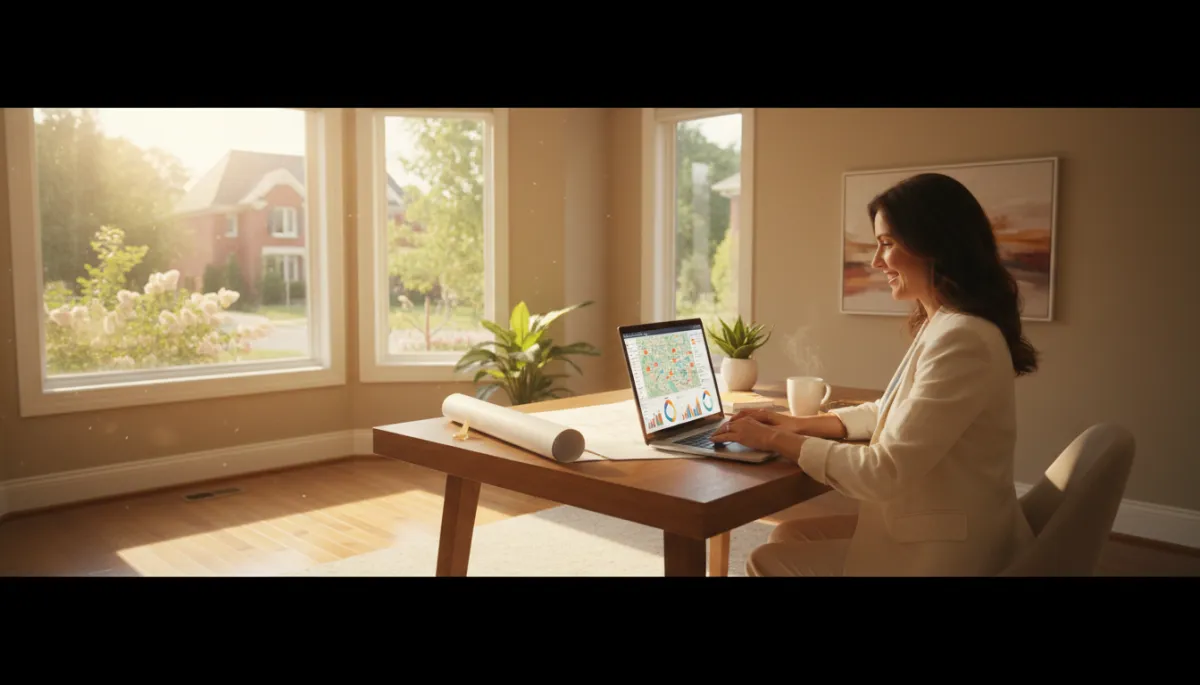 Real estate agent analyzing neighborhood equity data on laptop in sunny office