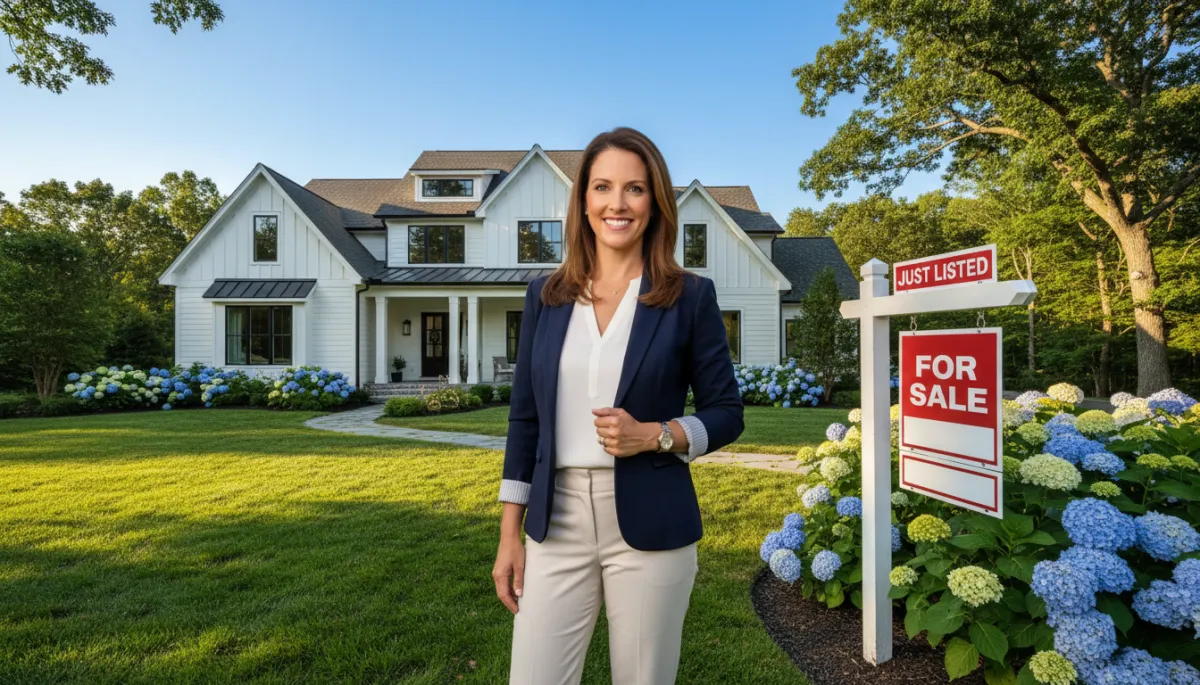 Real estate agent in front of a newly listed home on a sunny summer day