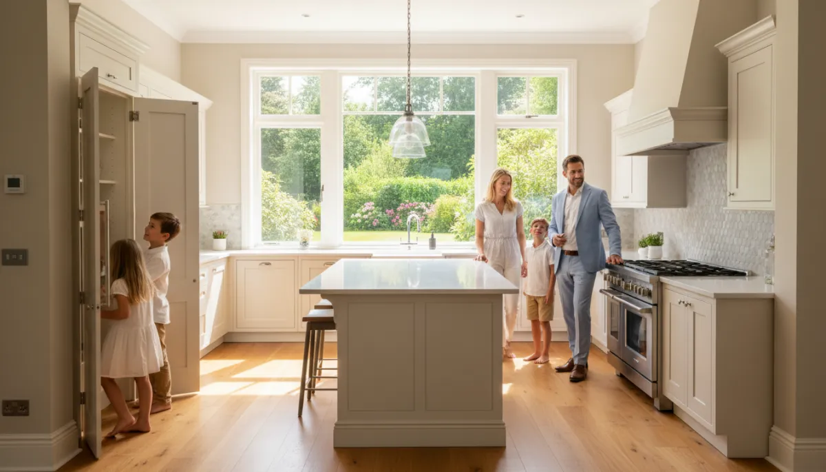 Family touring an upgraded home with a real estate agent in summer