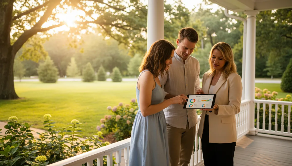 Real estate agent reviewing market data with equity-rich homeowners on sunny porch