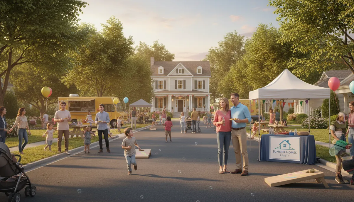 Real estate agent engaging with homeowners at a summer neighborhood block party