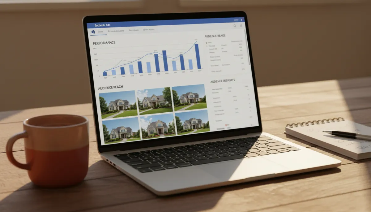 photorealistic warm-toned close-up of a laptop on a wooden desk displaying a Facebook Ads dashboard with graphs and audience insights, real estate listing photos visible on the screen, coffee mug and notepad nearby