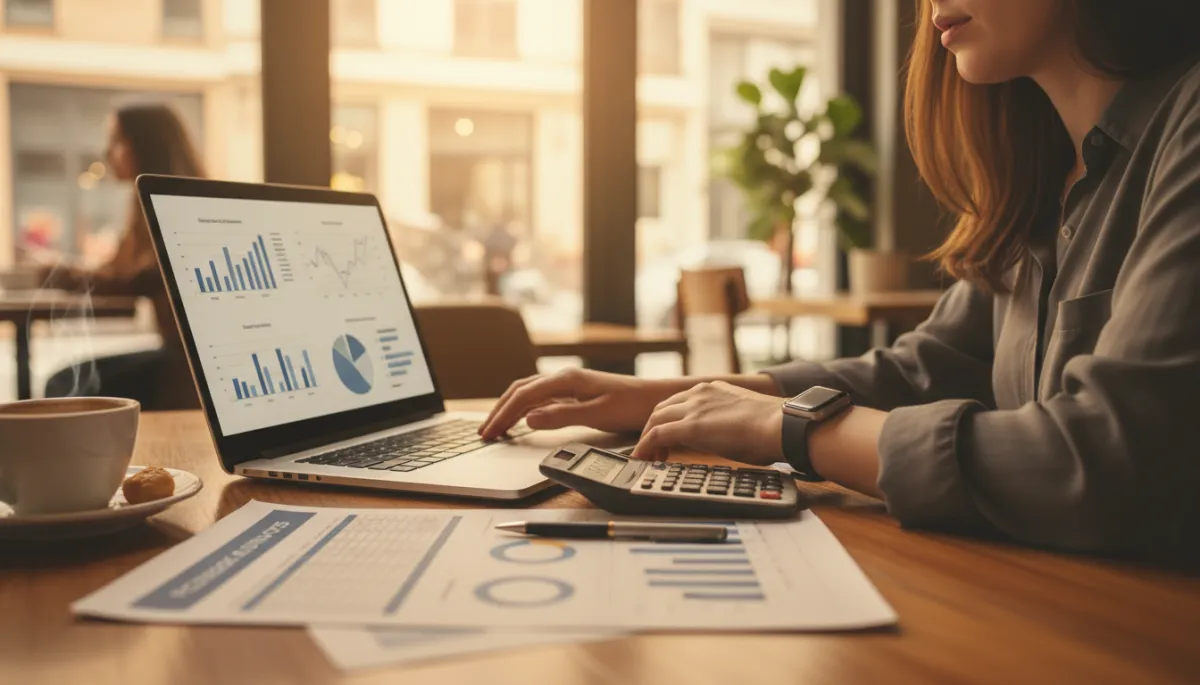 photorealistic warm-toned scene of a real estate agent at a cafe table, calculator and printed Facebook ad reports beside a laptop, focusing on budgeting and campaign planning