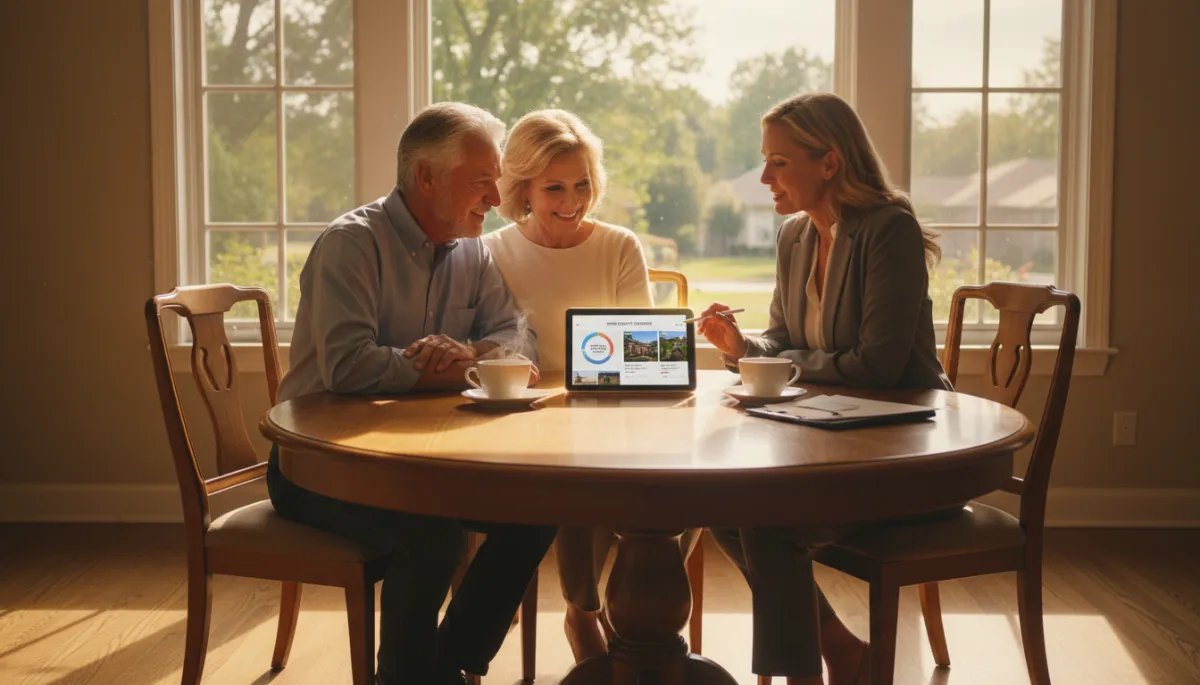 photorealistic warm-toned image of a mature couple sitting with a real estate agent at a dining table, reviewing a tablet that shows a home equity estimate and Facebook ad mockups, sunlight streaming through large windows
