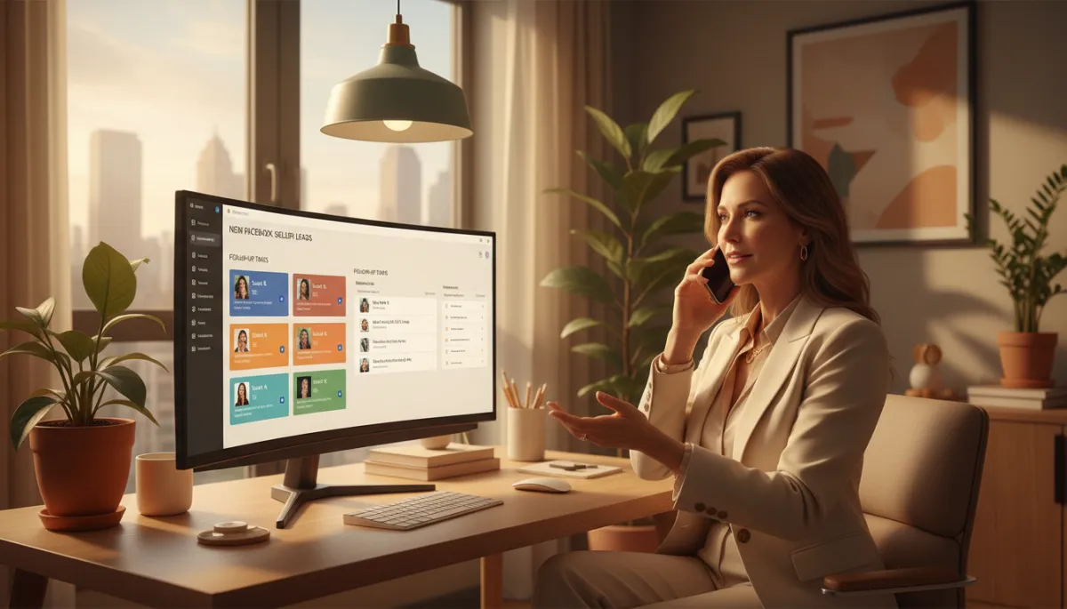 photorealistic warm-toned image of a real estate agent in a modern home office making a phone call while viewing a CRM on a large monitor, showing new Facebook seller leads and follow-up tasks