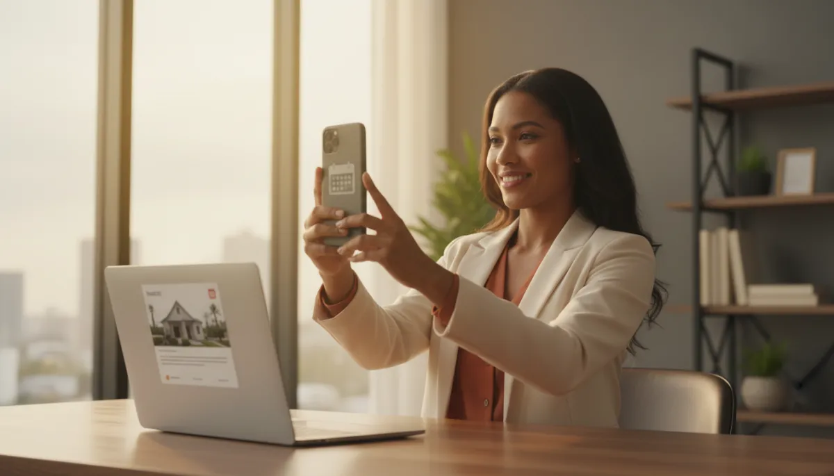photorealistic scene of a real estate agent in a modern office recording a short video on a smartphone about an upcoming equity workshop, laptop open with social media event page visible, warm professional tones