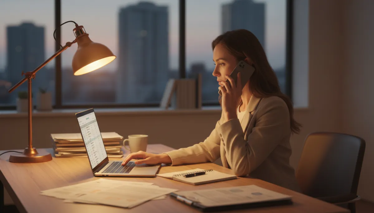 photorealistic image of a real estate agent at a tidy desk reviewing a list of workshop attendees on a laptop, following up with personalized emails and calls, warm desk lamp light and organized paperwork