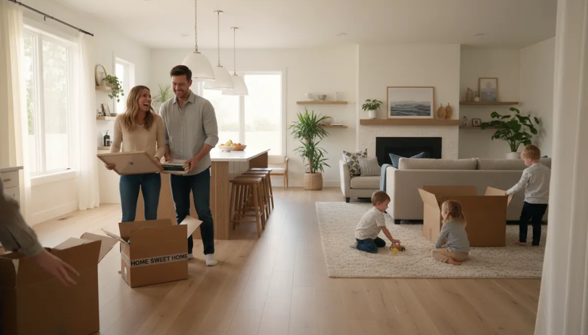 photorealistic lifestyle scene of a family in a bright, upgraded open-concept kitchen and living room, boxes partly unpacked, parents smiling while children play, warm natural light and tasteful decor