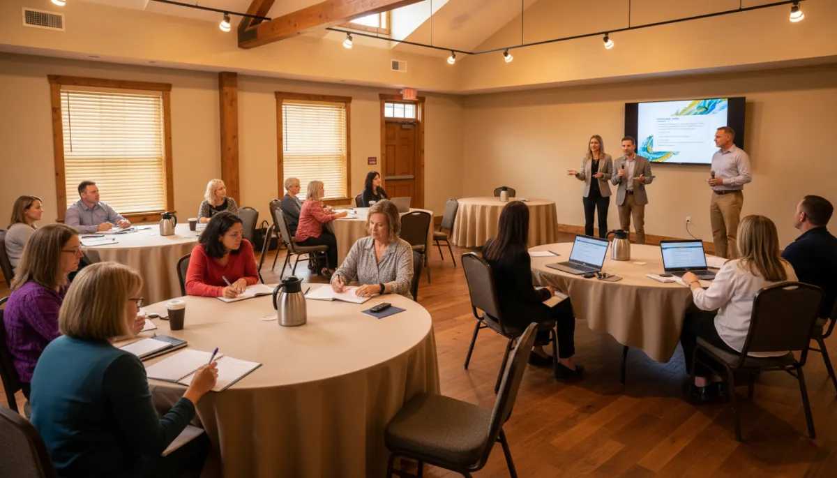 photorealistic image of a small group of homeowners seated around tables at a community center, a real estate agent and mortgage lender co-presenting with slides about home equity on a large TV, warm professional lighting, people taking notes