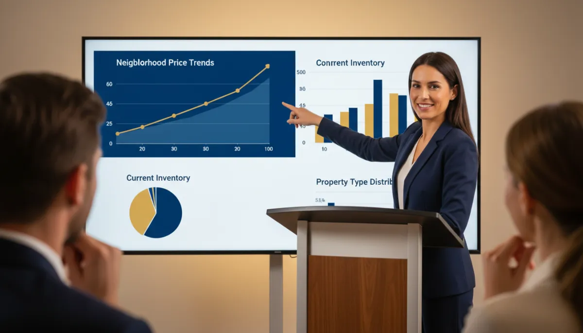 photorealistic close-up of a real estate agent at a podium pointing to a large screen with neighborhood price trends and inventory charts, attentive homeowners in the foreground, warm professional lighting
