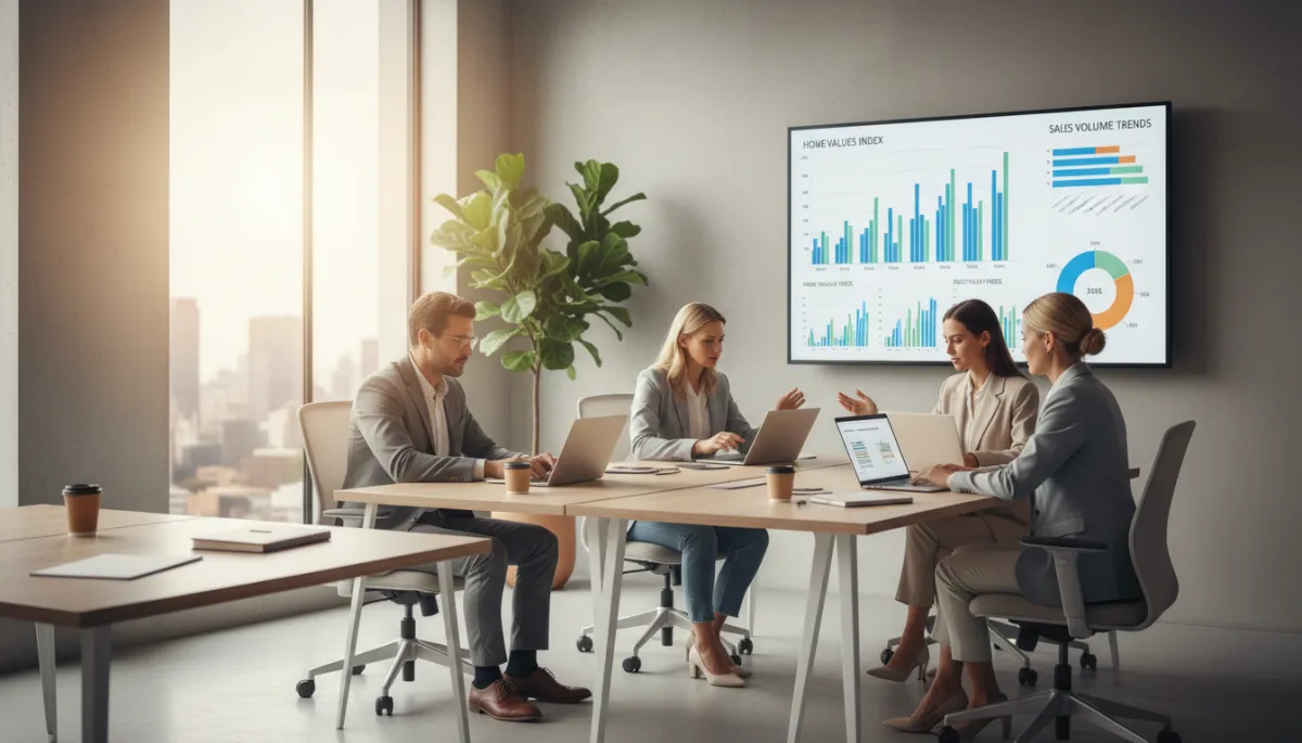 photorealistic neutral-toned modern real estate office with diverse agents reviewing market data on laptops and a large wall monitor showing housing charts, soft natural light, professional atmosphere