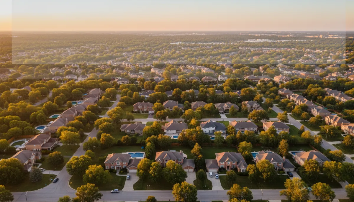 photorealistic aerial view of a sunny suburban neighborhood at golden hour, tree-lined streets, well-kept family homes with warm summer lighting, subtle overlay text area in sky portion