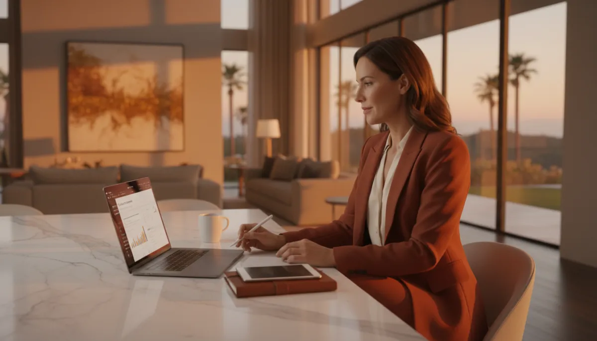 photorealistic warm-toned scene of a confident real estate agent reviewing Facebook ad performance on a laptop at a kitchen island, luxury home interior in background, soft evening light through large windows