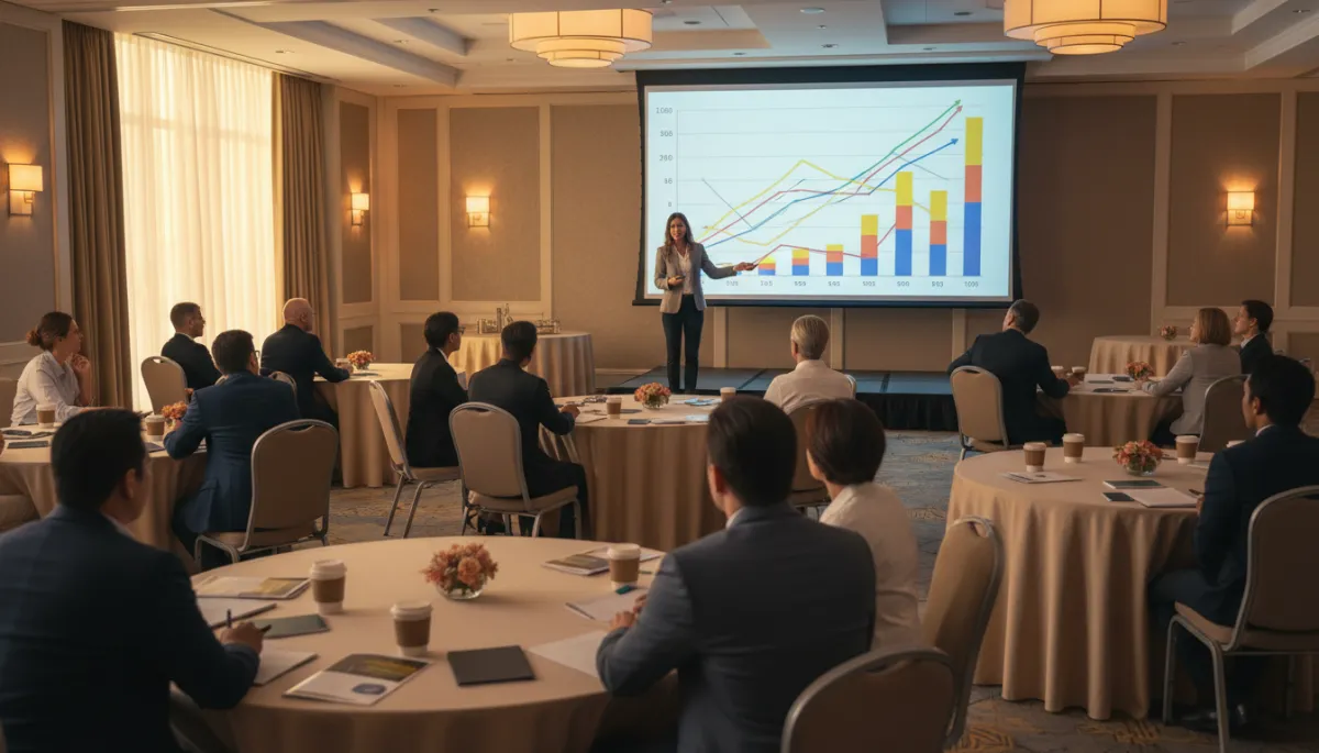 photorealistic wide shot of a warm, professional community real estate workshop in a hotel conference room, diverse homeowners seated at round tables, a confident real estate agent presenting equity charts on a large screen, soft golden lighting, business-casual attire