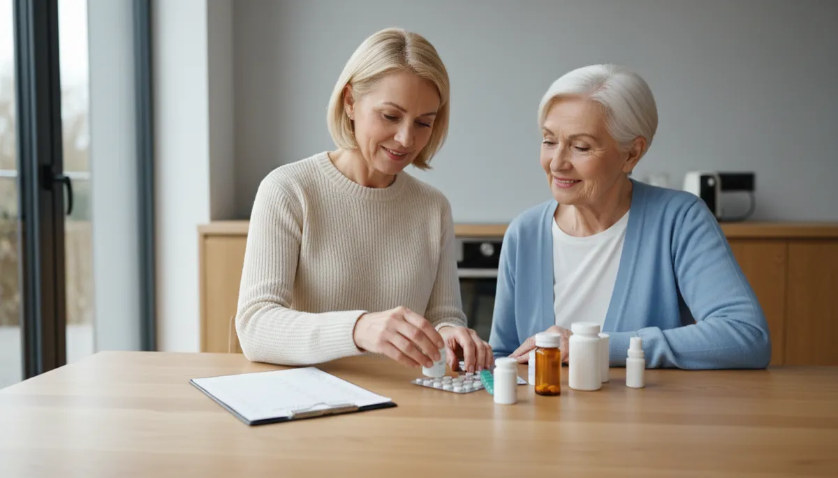 Caregiver and patient reviewing medications and a recovery checklist at home
