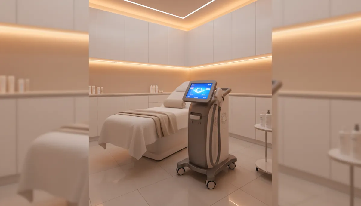 photorealistic warm but clinical medical spa treatment room with a modern laser hair removal and skin resurfacing platform beside a treatment bed, soft warm lighting, white and light beige palette, neat cabinetry, no people photorealistic warm but clinical medical spa treatment room with a modern laser hair removal and skin resurfacing platform beside a treatment bed, soft warm lighting, white and light beige palette, neat cabinetry, no people