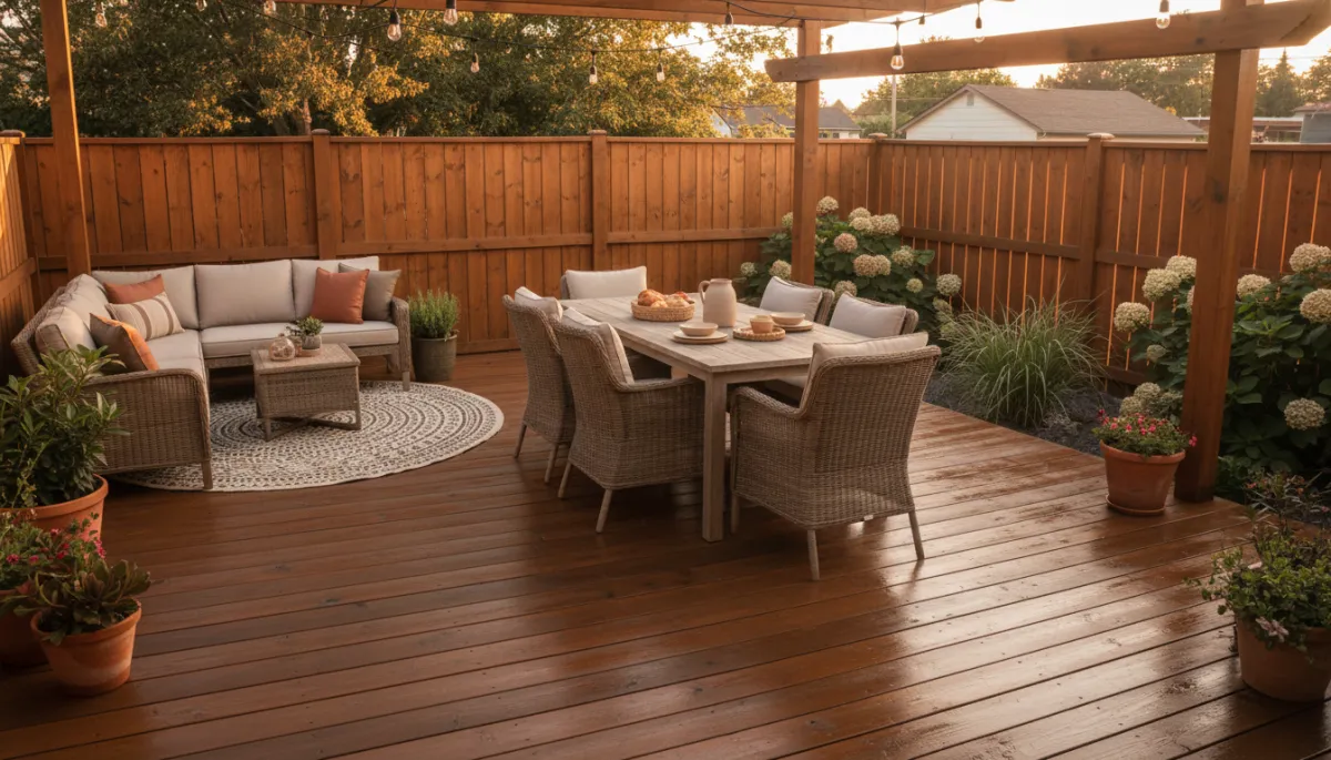 Freshly stained deck and fence creating an inviting outdoor living area