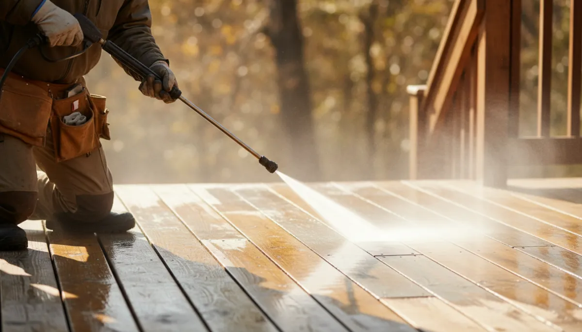 Technician carefully cleaning a weathered wood deck surface