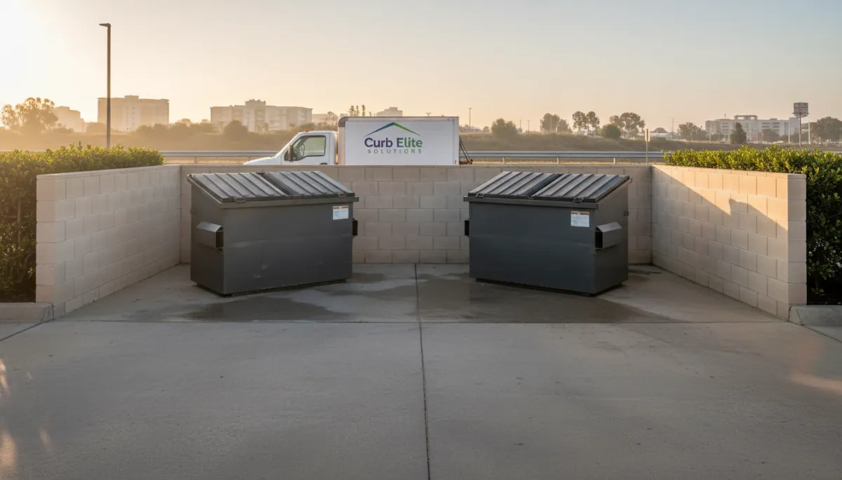 Clean dumpster pad at a restaurant after commercial degreasing service Clean dumpster pad at a restaurant after commercial degreasing service