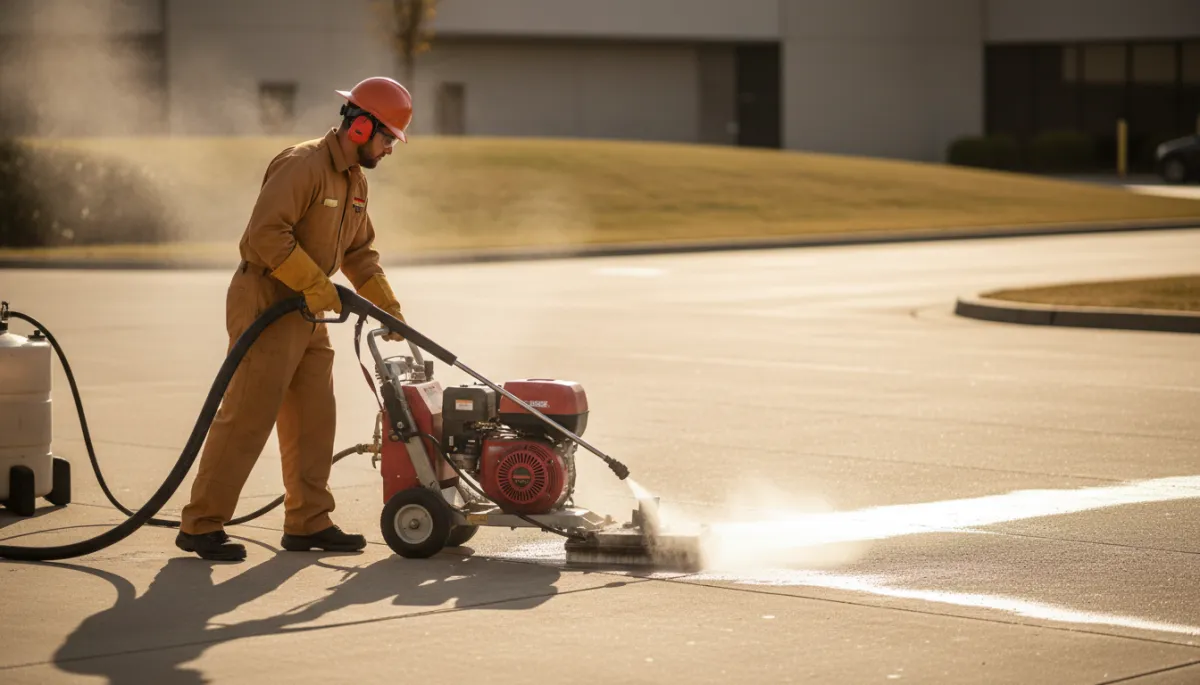 Technician performing commercial flatwork cleaning with hot water and recovery system Technician performing commercial flatwork cleaning with hot water and recovery system