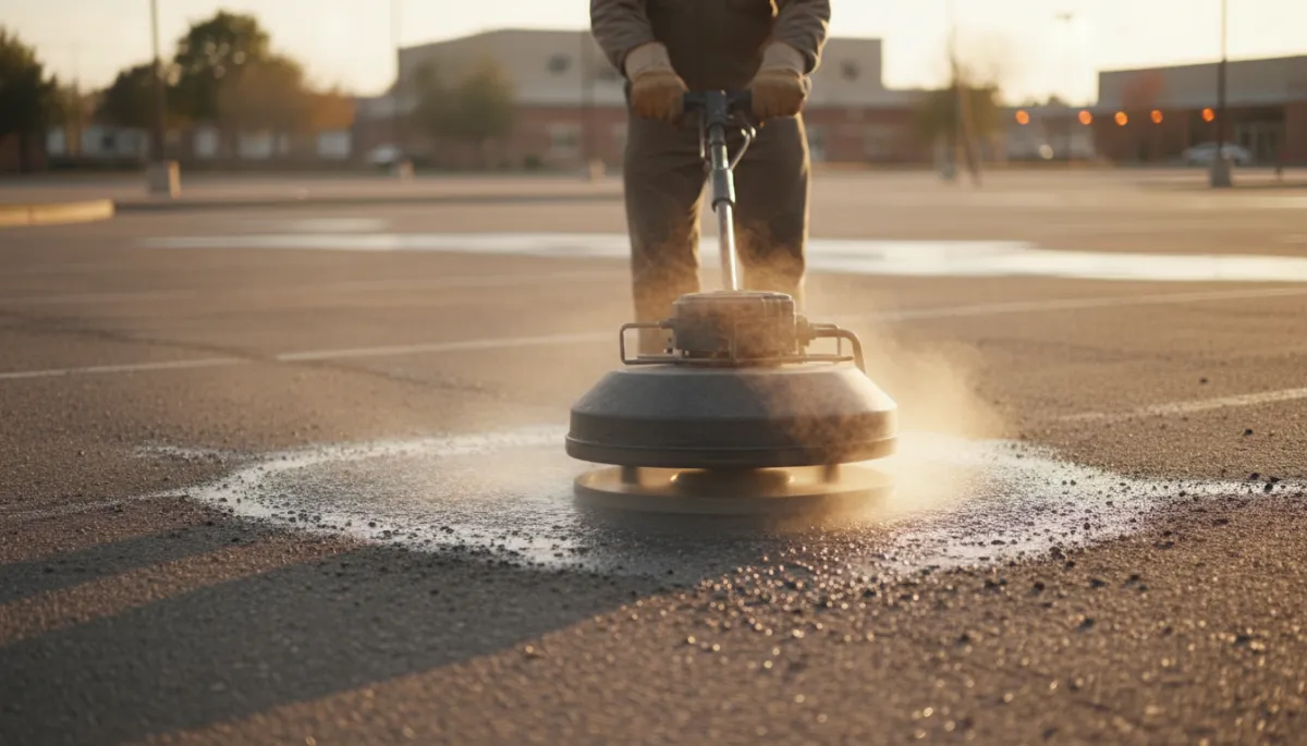 Technician performing hot water oil stain removal on asphalt parking lot Technician performing hot water oil stain removal on asphalt parking lot