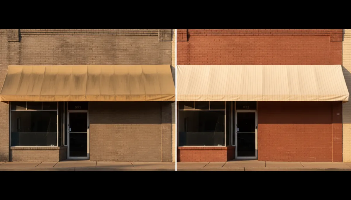 Before and after comparison of cleaned storefront awning and upper brick facade