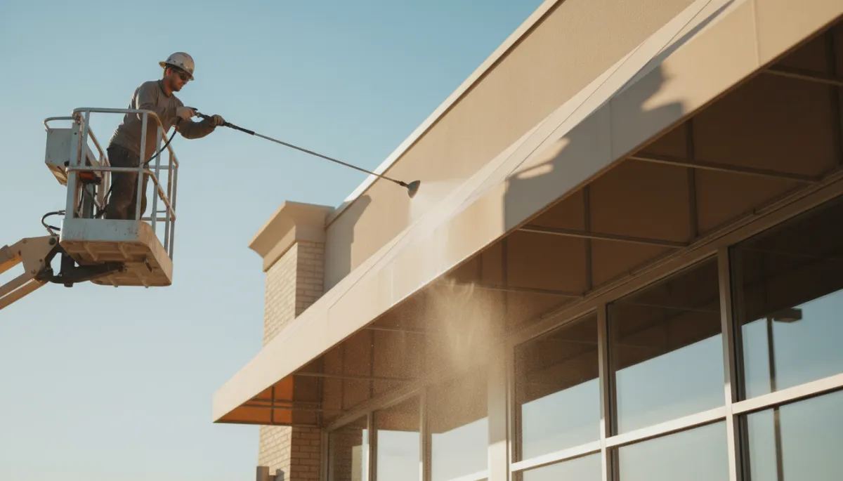 Technician soft washing a commercial storefront awning from a lift