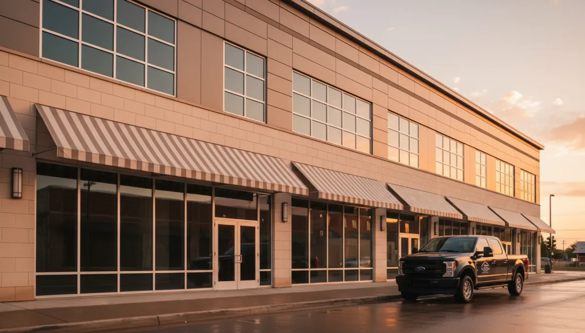 Clean mixed-use commercial building with Curb Elite Solutions service vehicle in Oklahoma City