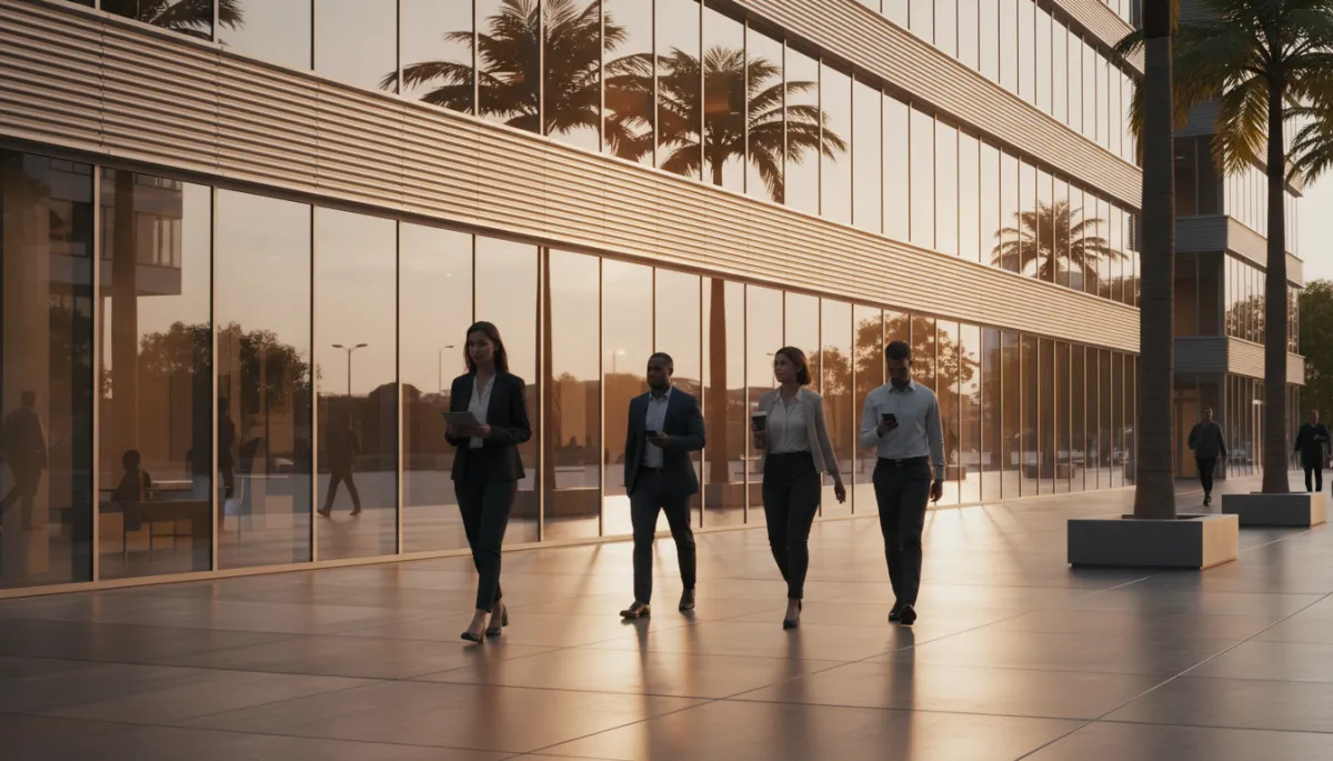 Well-maintained office building exterior with clean windows and walkways