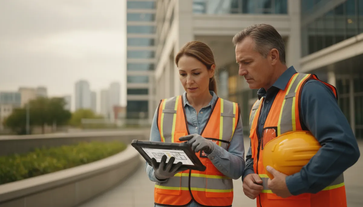 Facilities manager reviewing an exterior maintenance schedule with a contractor