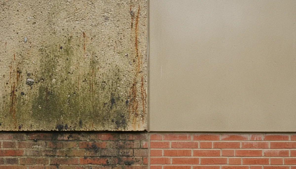 Comparison of stained exterior surface next to a clean, protected surface