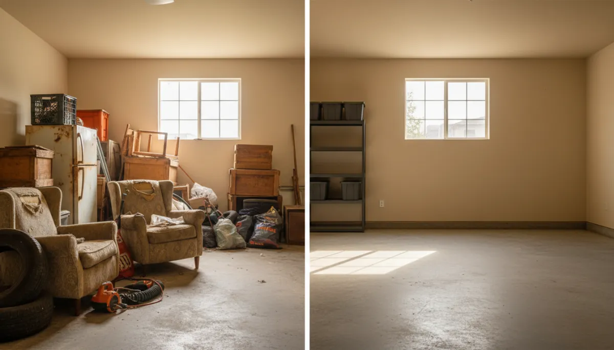 Before and after garage cleanout showing clutter removed and open space