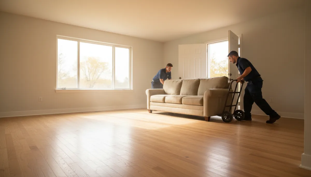 Crew removing last piece of furniture from a cleaned-out rental unit