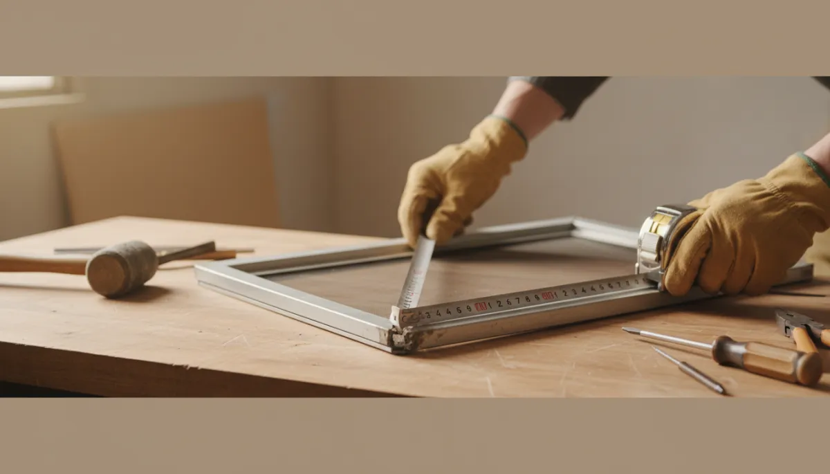 photographic realistic close-up of a technician measuring a bent window screen frame on a workbench with warm neutral tools, tan gloves, and soft natural daylight