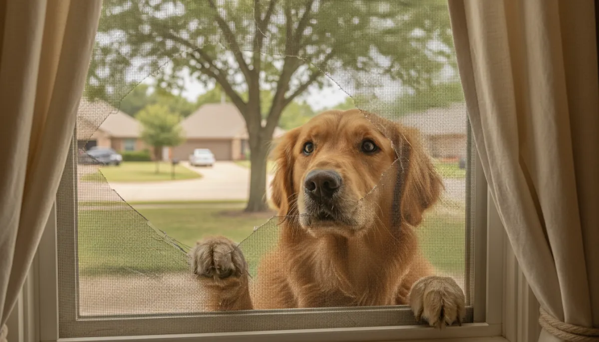 photographic realistic scene of a golden retriever looking out through a slightly damaged window screen in warm neutral indoor light, tan walls, soft beige curtains, suburban OKC neighborhood outside