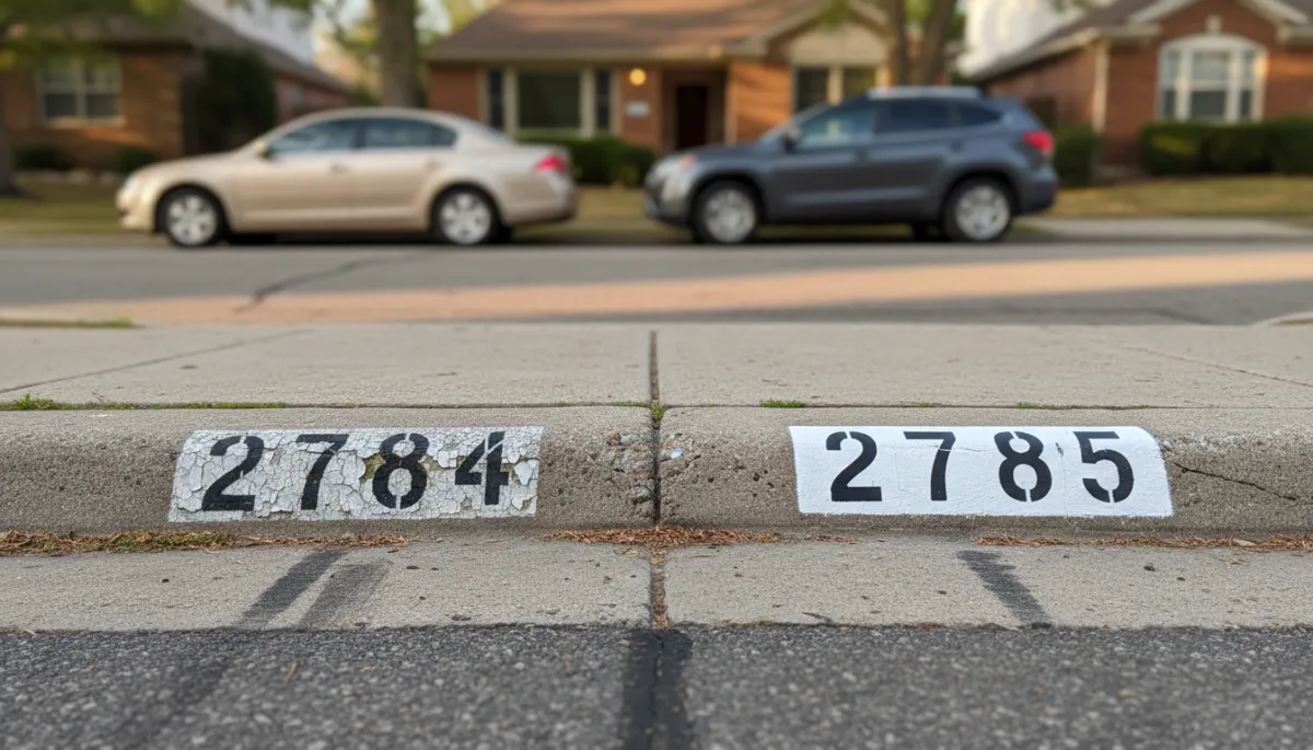 Side-by-side view of faded curb numbers versus freshly painted curb numbers