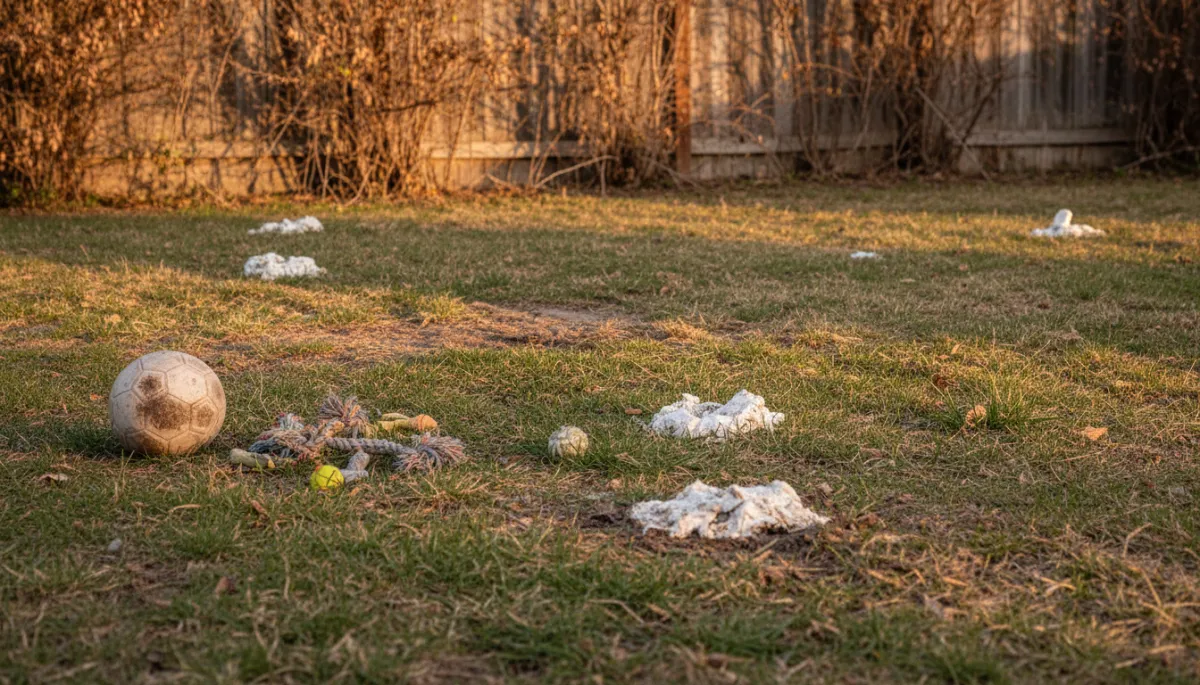Neglected dog waste in a backyard near children’s toys