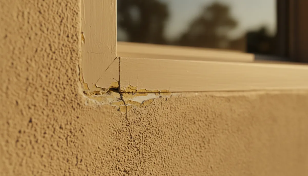 Cracked caulk line around a residential window frame Cracked caulk line around a residential window frame